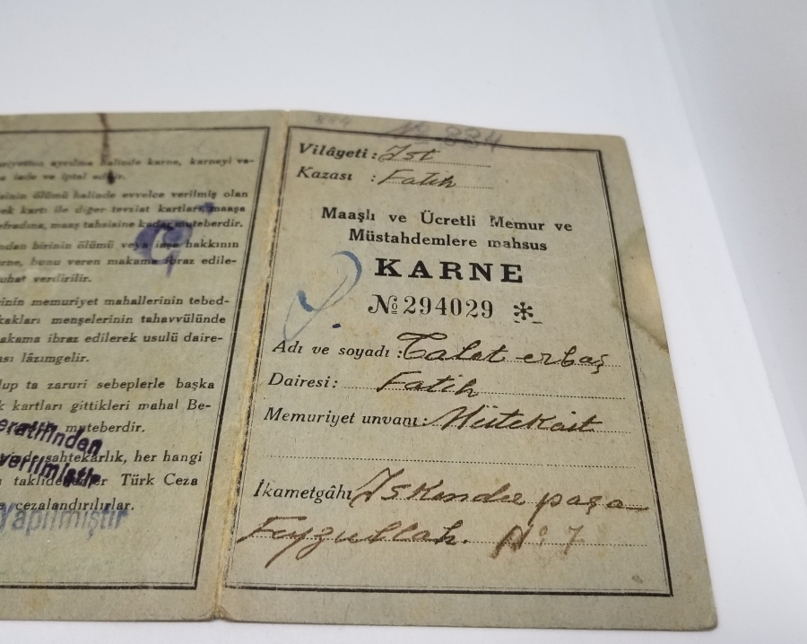 2. DÜNYA SAVAŞI DÖNEMİ NADİR EKMEK KARNESİ