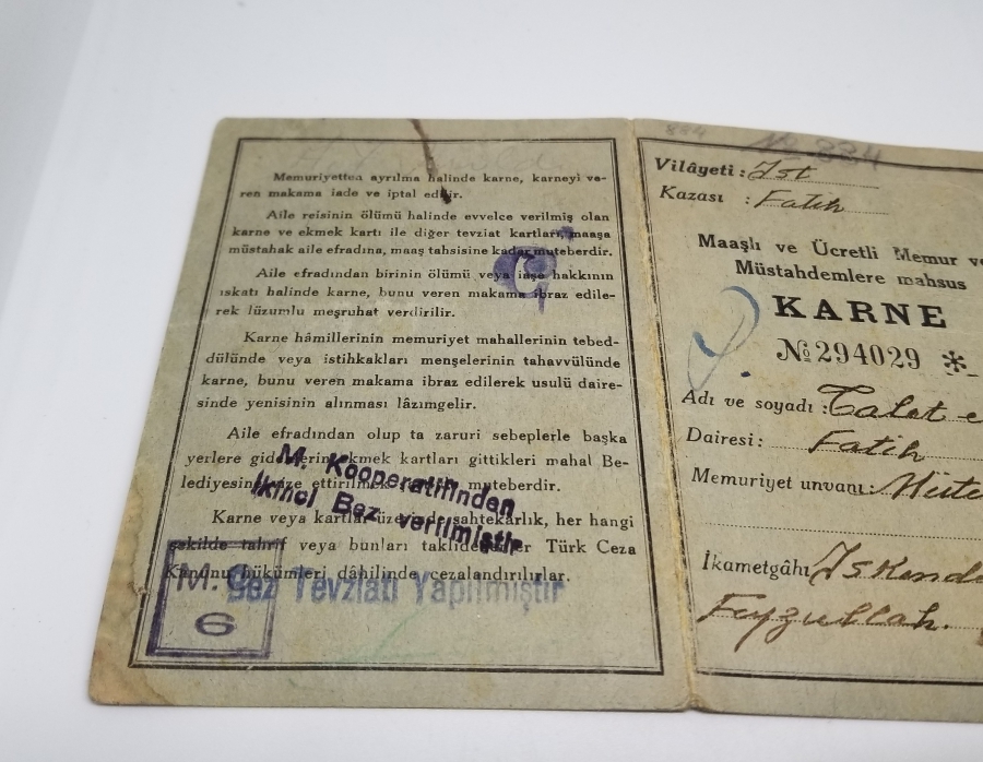 2. DÜNYA SAVAŞI DÖNEMİ NADİR EKMEK KARNESİ