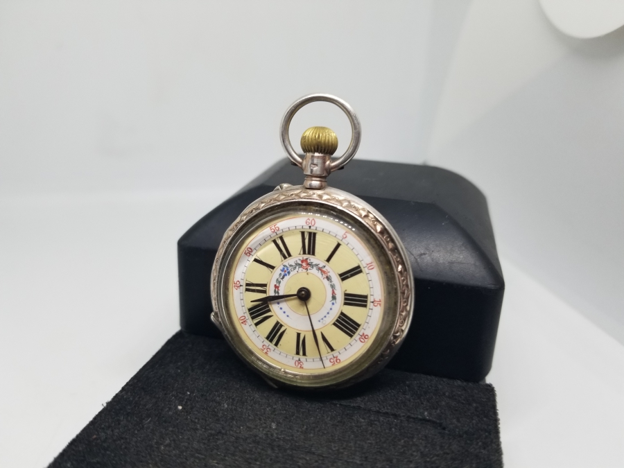 RENKLİ KADRAN KURMALI ANTİKA GÜMÜŞ KASA CEP SAATİ