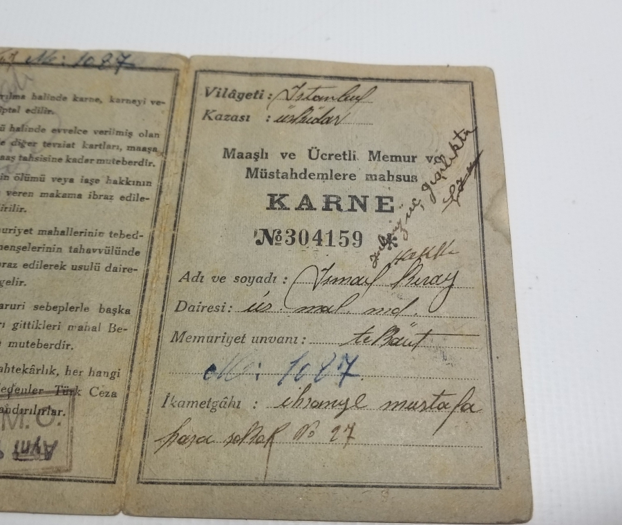 2. DÜNYA SAVAŞI DÖNEMİ NADİR EKMEK KARNESİ